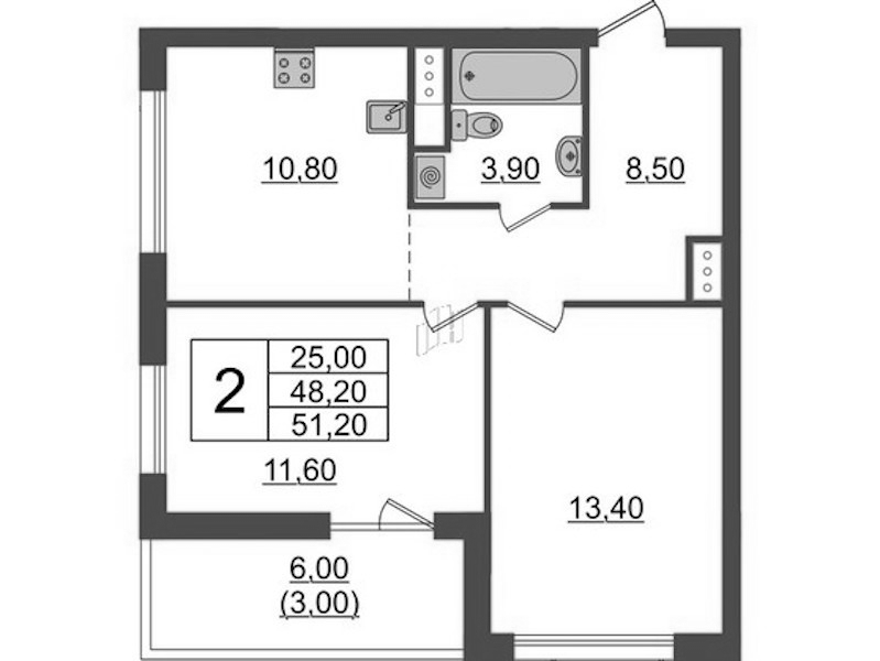 2-комнатная квартира 51.2 м², 6/9 эт., ЖК «А101 Лаголово»